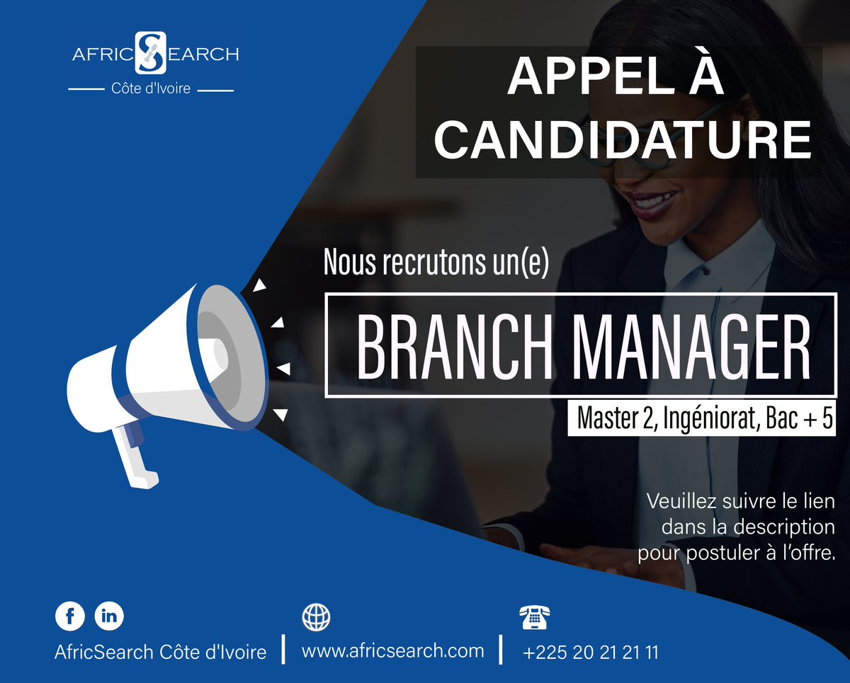 AfricSearch (@africsearch_) on Twitter photo Nous recrutons un(e) Branch Manager pour une industrie Agricole ‼
âś… Lieu de travail : Cameroun
✅ Niveau d'étude : Master 2, Ingéniorat, Bac + 5
ow.ly/h02R50CvGF0
#cameroun #recrutement #jobs #emploi #cameroon <a href="/EmploiCameroun/">Emploi Cameroun</a> <a href="/NovojobCIV/">Novojob CIV</a> Nous recrutons un(e) Branch Manager pour une industrie Agricole ‼
âś… Lieu de travail : Cameroun
✅ Niveau d'étude : Master 2, Ingéniorat, Bac + 5
ow.ly/h02R50CvGF0
#cameroun #recrutement #jobs #emploi #cameroon <a href="/EmploiCameroun/">Emploi Cameroun</a> <a href="/NovojobCIV/">Novojob CIV</a>