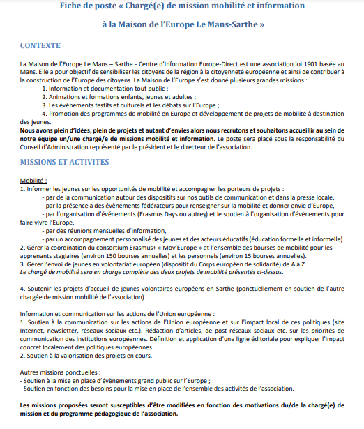 Reseau_All's tweet photo. Bonjour à tous ! C'est avec grand plaisir que nous vous partageons une offre d'emploi en ces temps où il est difficile d'en trouver ! #ChargéDeMission #MaisondelEurope #LeMans #Sarthe #OffredEmploi https://t.co/tc47hpTapp