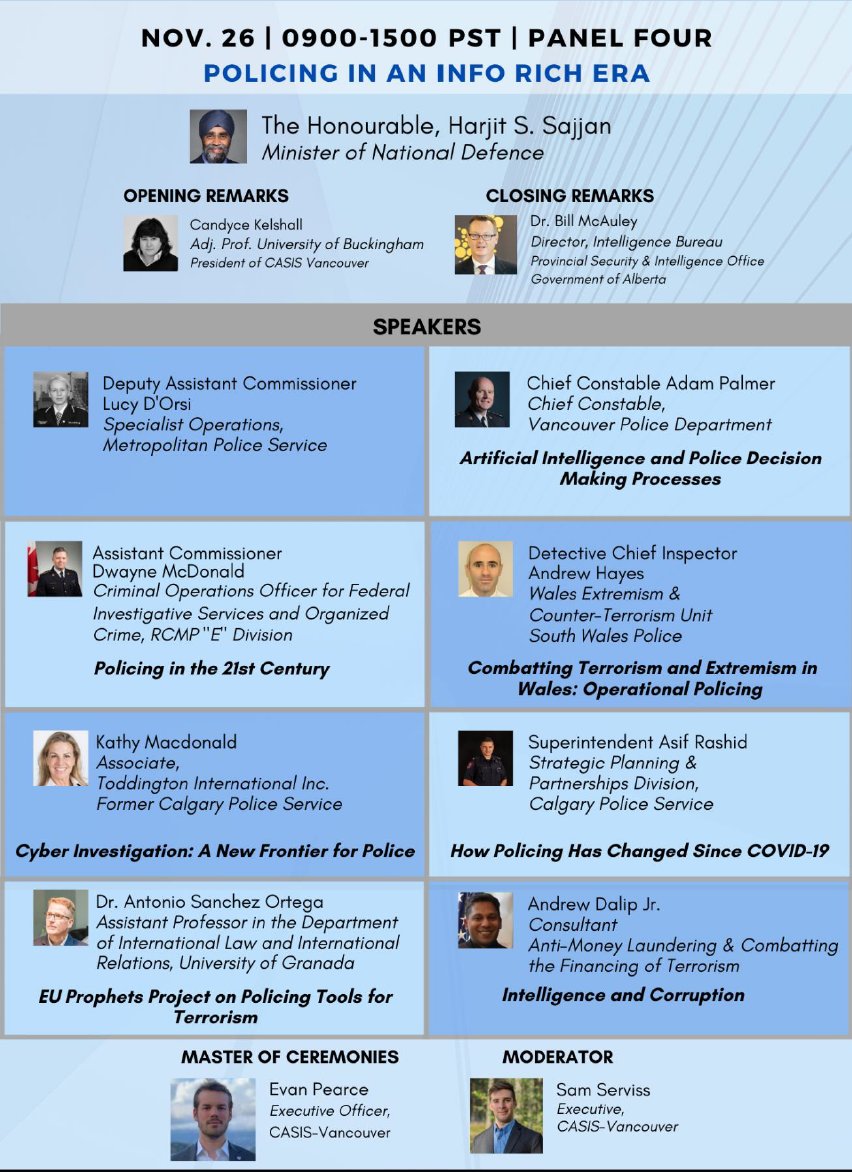CASISVancouver's tweet photo. Are you ready for Day 4? Check out the panel for today below. You do not want to miss The Honourable @HarjitSajjan's presentation and Q&amp;A. Don’t forget, registration starts at 8:40am PST. There are still a few seats available, get yours ASAP here: https://t.co/sSiOl0Y6eW https://t.co/M7j9Dp6sRo