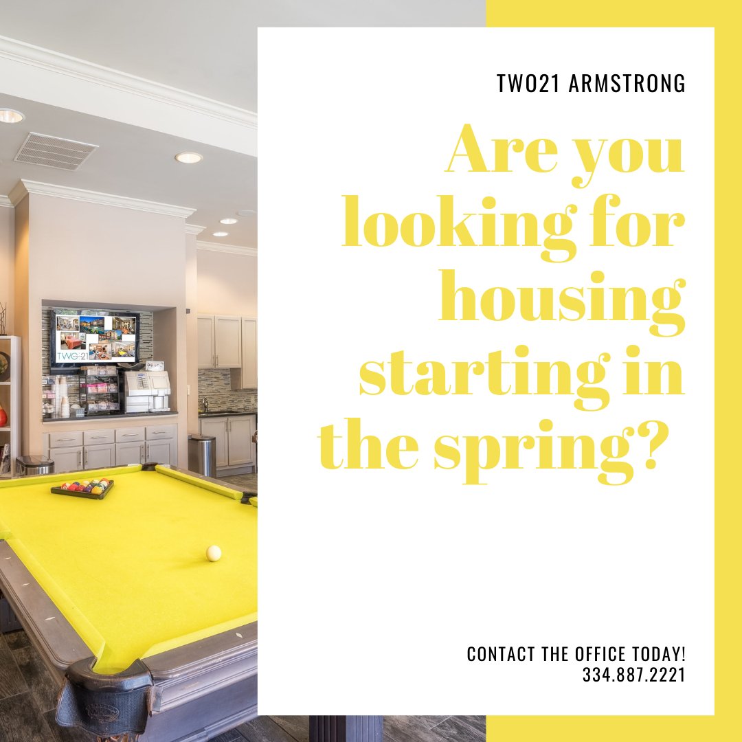 Two21Armstrong's tweet image. We have available bedrooms for current move ins and starting in the Spring. If you are interested in making Two21 Armstrong your home away from home, contact the office for more information. 

#rampartnersllc #two21armstrong #student #housing #auburnuniversity