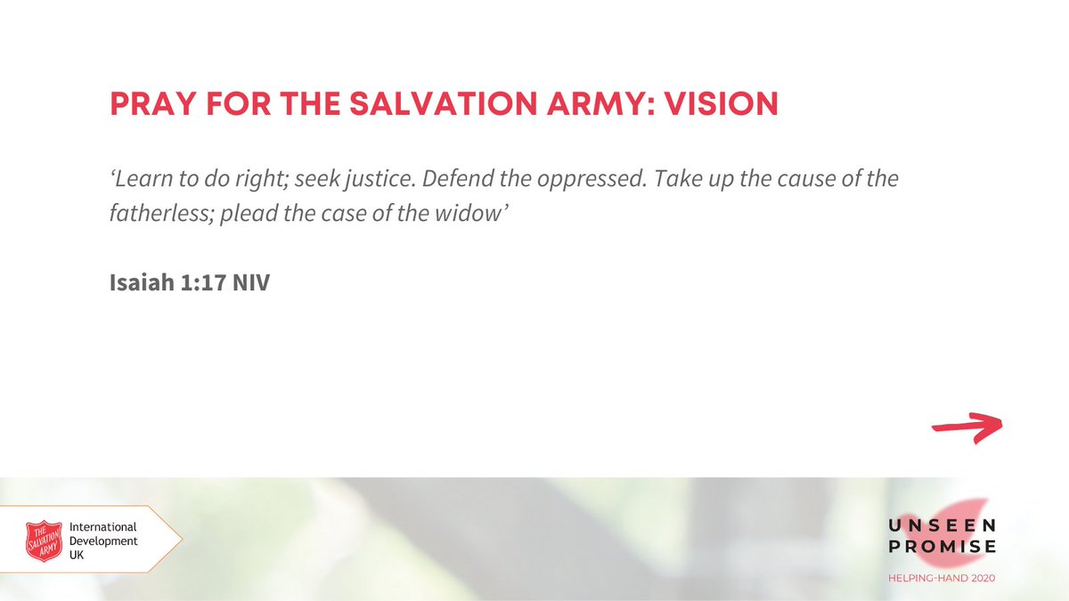 salvationarmyid's tweet photo. Pray for vision:
> That my eyes will be open to see injustice in the world and recognise the part that I play
> That I will see when someone needs help, and I will take action
> That I will have the vision to see how to respond to injustice
#praywithus #unseenpromise https://t.co/dBP0ZTCgmX