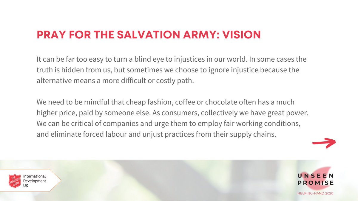 salvationarmyid's tweet photo. Pray for vision:
> That my eyes will be open to see injustice in the world and recognise the part that I play
> That I will see when someone needs help, and I will take action
> That I will have the vision to see how to respond to injustice
#praywithus #unseenpromise https://t.co/dBP0ZTCgmX