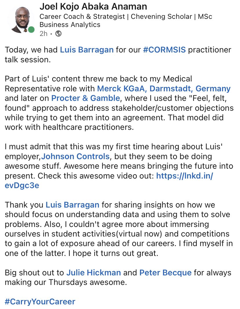 jayanaman's tweet photo. Earlier today on @cormsis Practitioner talks.
The last session for the semester 😢
Anyway, thought about sharing my reflection. Luis was amazing.
Check out what Johnson Controls does: https://t.co/gtMsu0pAVl
Thank you Julie and Peter for this ❤️
#CarryYourCareer #CORMSIS https://t.co/kjgwttYZLh
