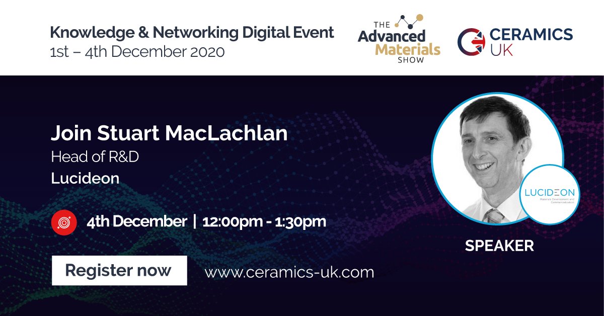 CeramicsShow's tweet photo. We're excited to welcome Stuart MacLachlan, Head of R&amp;D at @LucideonGroup as one of our top-flight panellists.

Don't miss him talk at our FREE Knowledge &amp; Networking Digital Event next week!

Register: https://t.co/wwXtrdmclr

#AMS20 #BCS20 #CUK20 #VEX20 #KN2020 #ceramics https://t.co/8LGtw0uBdb