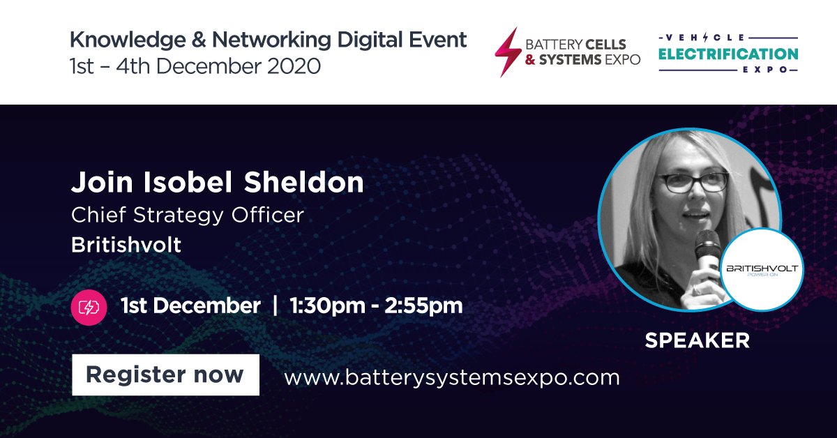 BatteryCellExpo's tweet photo. We're excited to welcome Isobel Sheldon, Chief Strategy Officer at @BritishvoltUK as one of our top-flight panellists.

Don't miss her talk at our FREE Knowledge &amp; Networking Digital Event next week!

Register: https://t.co/l10Q66oyi0

#AMS20 #BCS20 #CUK20 #VEX20 #KN2020 #battery https://t.co/qUZzKTnnpn