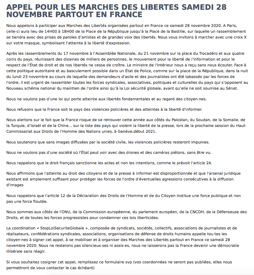 edwyplenel's tweet photo. "Nous refusons que la France soit le pays des violences policières et des atteintes à la liberté d'informer" : l'appel de la coordination #StopLoiSecuriteGlobale à manifester samedi dans toute la France. Pour le signer c'est ici :
➡️https://t.co/u93McSjDam https://t.co/Xci2NtUkVk