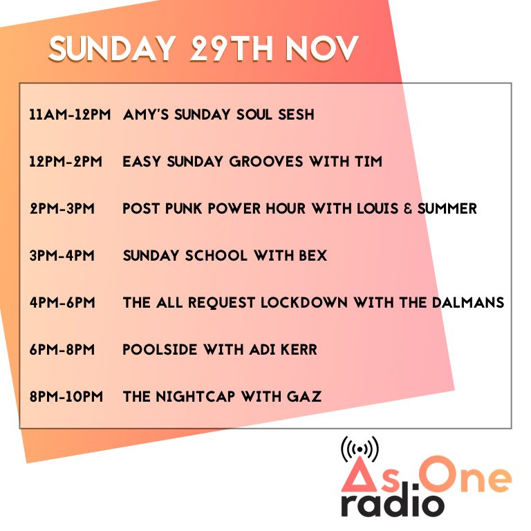 LAST LOCKDOWN WEEKEND ALERT which can only mean one thing - our last As One Weekender! It's a bitter sweet end as always but boy has having As One made Lockdown II really fly! Here is our final superb schedule. STAY HOME. TUNE IN. AS ONE.