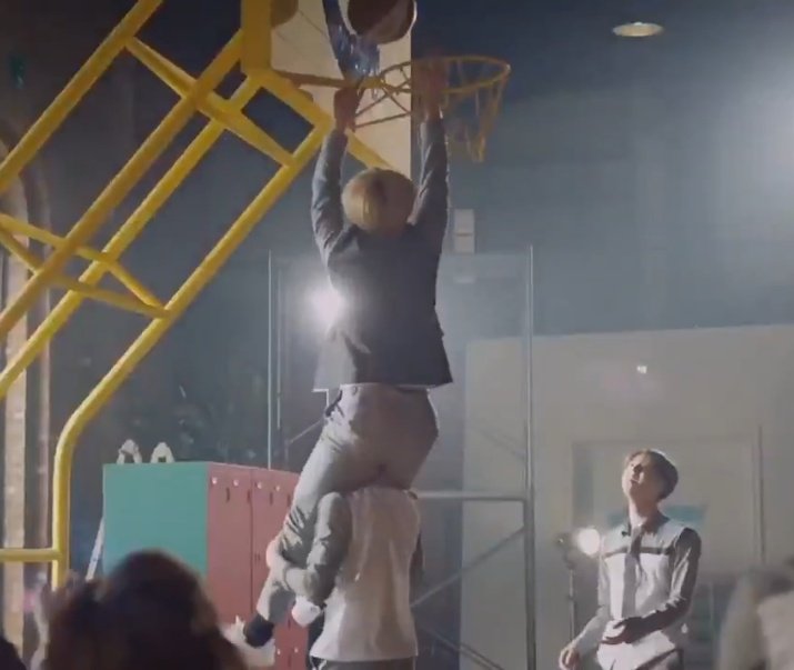 Taehyung wanted to get the ball in the net and jungkook literally lifted him on his shoulders just to make tae happy 