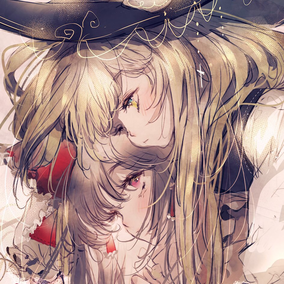 hakurei reimu ,kirisame marisa multiple girls 2girls blonde hair hat bow witch hat yuri  illustration images