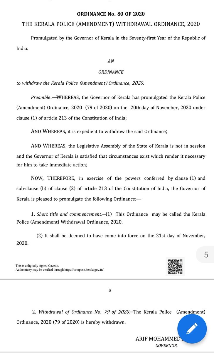 b_sreejan's tweet photo. The cycle is complete. The Kerala Police (Amendment) Withdrawal Ordinance, 2020 has been promulgated #118a #KeralaPoliceActAmendment https://t.co/mUgPWYIxfH