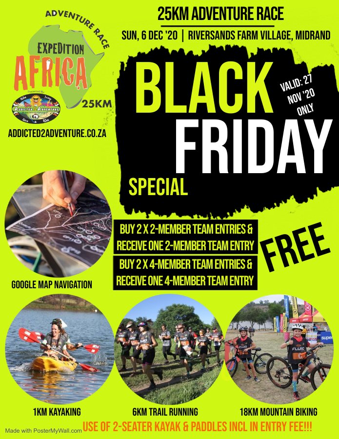 Addicted2Advent's tweet image. 🥳 𝗕𝗟𝗔𝗖𝗞 𝗙𝗥𝗜𝗗𝗔𝗬 𝗦𝗣𝗘𝗖𝗜𝗔𝗟 🥳

Buy 2 x 2-member team entries &amp;gt; get 1 x 2-member team entry 𝓕𝓡𝓔𝓔
OR
Buy 2 x 4-member team entries &amp;gt; get 1 x 4-member team entry 𝓕𝓡𝓔𝓔

addicted2adventure.co.za/package/exp-af…

Who&apos;s joining us?

#blackfriday #blackfridayspecial @expafrica