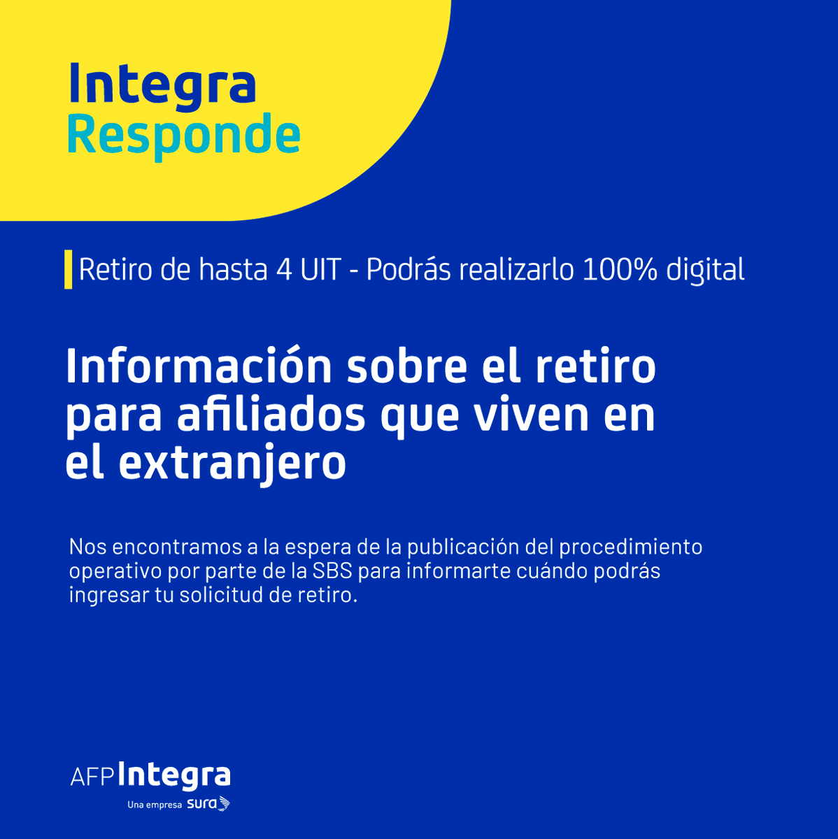 AFP_Integra's tweet photo. #IntegraResponde: Resolvemos tus dudas sobre la Ley que permite el retiro voluntario de hasta 4 UIT (S/ 17,200) de los Fondos de Pensiones. En caso vivas en el extranjero podrás realizar tu trámite de manera 100% digital. Encuentra más información en: https://t.co/JYgwKvUZtJ https://t.co/nlp4IYnO4w