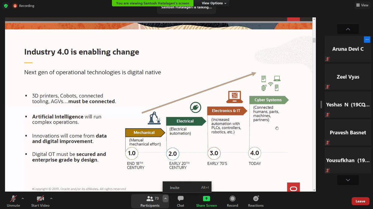 kamal_peter's tweet photo. #CloudTechnology,top #cloudpredictions, #Industry 4.0 vision, Cloud skill set & learning resources, with stories on how cloud is transforming businesses, presented by Santosh #Oraclevolunteer. Students encouraged to train on providing business solutions & not just IT solutions . https://t.co/dmcfRXGPSm
