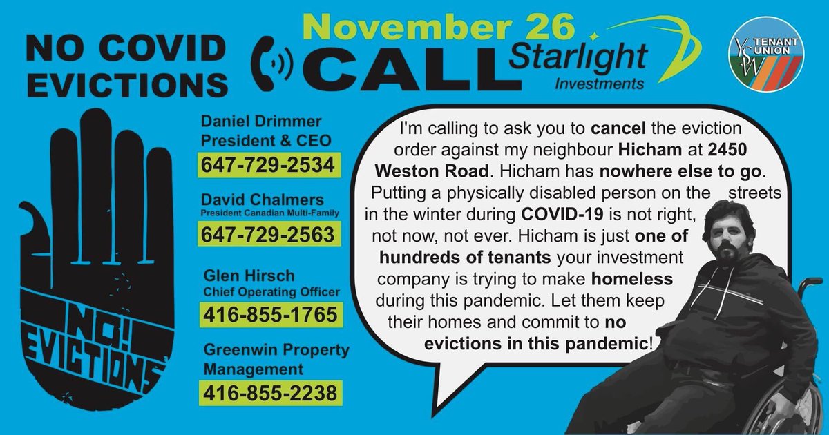I just called Starlight Investments in solidarity with my neighbour Hicham &amp; <a href="/YSWtenants/">YSW Tenant Union</a>. Hicham, like 100s of tenants in #YSW will become homeless if evicted. That’s why I called &amp; asked them to commit to #NoCovidEvictions. 

☎️ Here’s how you can call and leave a message too: