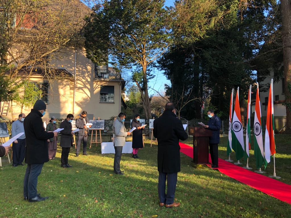 #ConstitutionDay -Glimpses from reading of Preamble of the Constitution of India at Embassy of India, Berne, today Nov 26. A photo exhibition on making of the Constitution of India was also displayed.
#SamvidhanDiwas 
<a href="/MEAIndia/">Randhir Jaiswal</a> <a href="/DDNewslive/">DD News</a> <a href="/PIB_India/">PIB India</a> <a href="/airnewsalerts/">All India Radio News</a> <a href="/MIB_India/">Ministry of Information and Broadcasting</a>