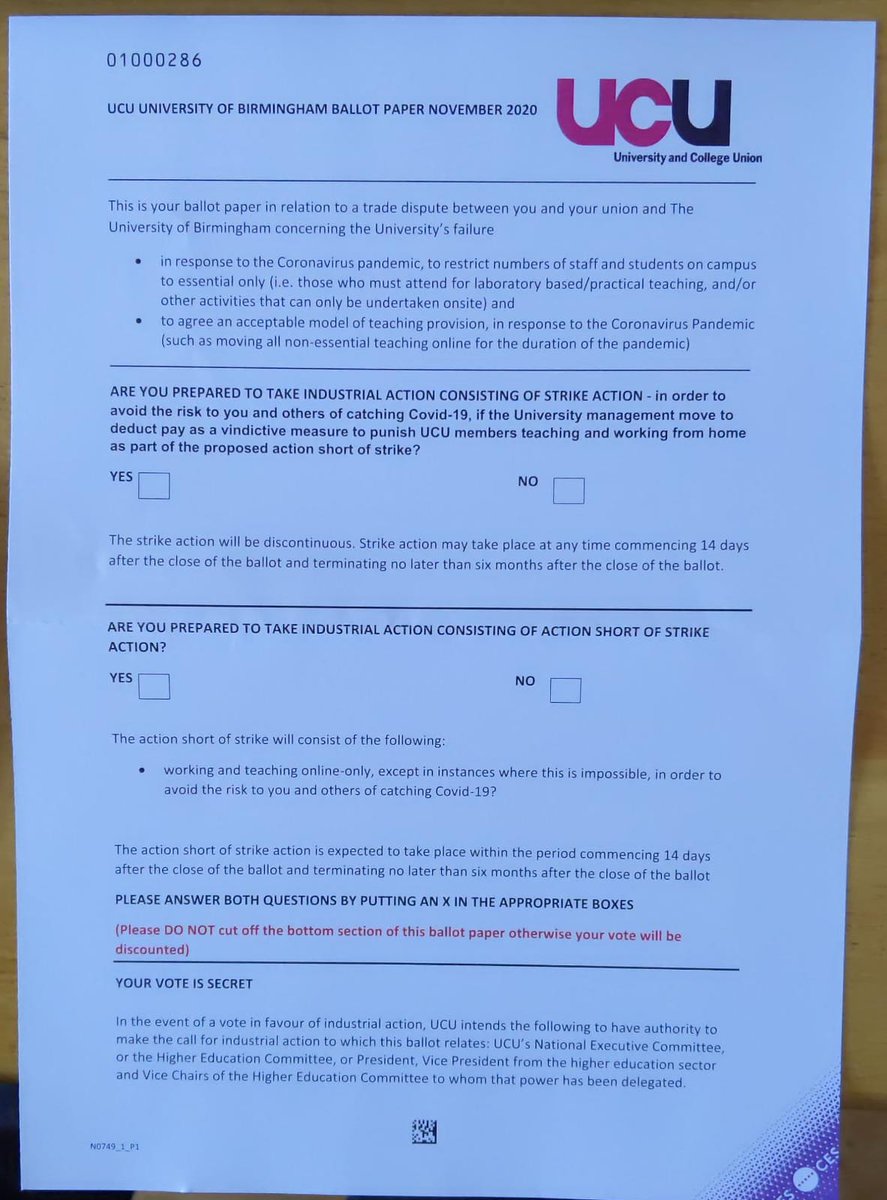 JWard232's tweet photo. Received my ballot paper today for the @BirminghamUCU ballot on staff being forced to work on campus. Vote yes for ASOS and strike action to #keepstaffsafe in semester 2! https://t.co/ue7fwl55KW