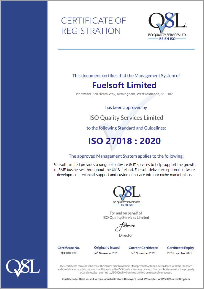 Fuelsoft's tweet image. We have been busy here at Fuelsoft again! We are proud to announce that we have now been certified for ISO 27018 - IT Security Techniques and ISO 22301 - Business Continuity Management. These are in addition to our other two existing ISO's 27001 and 9001.  #alwaysimproving