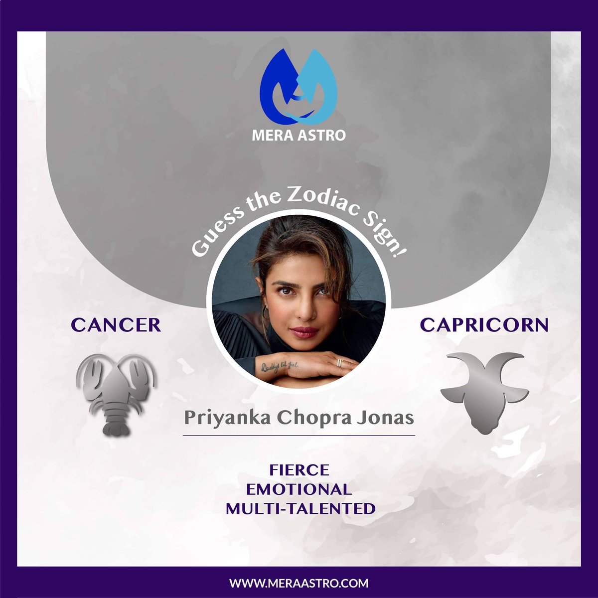 MeraAstro's tweet photo. Guess the Zodiac Sign.
Priyanka Chopra Jonas is a Cancer or Capricorn?
.
#zodiac #astrology #zodiacsigns #horoscope #virgo #leo #scorpio #capricorn #libra #aries #gemini #zodiacmemes #cancer #aquarius #taurus #pisces #sagittarius #cancer #PriyankaChopra https://t.co/kORnij3r2w