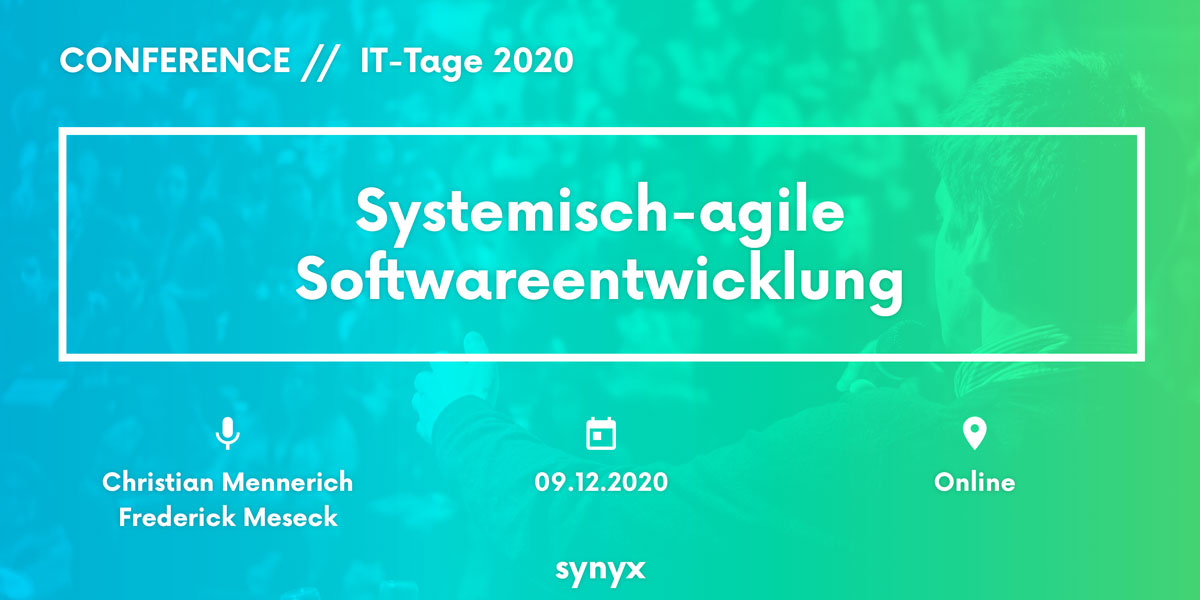 synyx_ka's tweet image. ✏️ Save the Date! Vom 07. bis 10. 12. finden die IT-Tage von @InformatikAktue als Remote-Konferenz statt. Am 09.12. habt Ihr die Gelegenheit mit @cmennerich und @FrederickMeseck mehr über &quot;Systemisch-agile Softwareentwicklung&quot; zu lernen. #agileSoftwareentwicklung #agileMethods