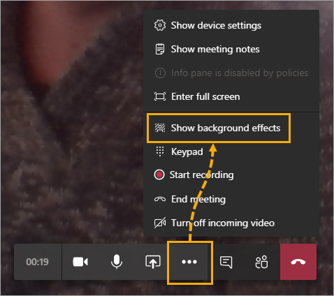 Tekkersit's tweet photo. Before joining a meeting, turn the Blue toggle on to choose from a variety of backgrounds including a blurred background.

Change the background effects during a meeting. Click on the three ellipse on the floating menu bar &amp; choose the Show background effects option from the menu https://t.co/OiYCzQDVUD