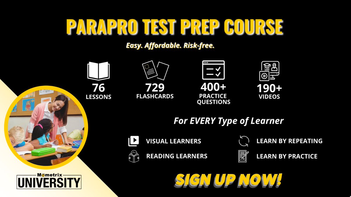 Mometrix's tweet image. Your best ParaPro Assessment preparation is a focused review of the test concepts and formulas plus ample practice in sizing up questions and eliminating false answers. #Mometrix has developed two unique products aimed at the heart of your PPA study.
mometrix.com/university/par…