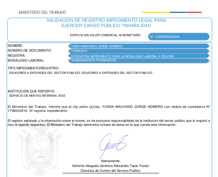 luisevivanco's tweet photo. Según este documento oficial del @SRIoficialEc, el señor @LoroHomero le debe al Estado 44.882 dólares. Y según este documento de @MinTrabajoEc, el señor Yunda "registra impedimento"  para ejercer cargo público. https://t.co/AEzBdmr2W2