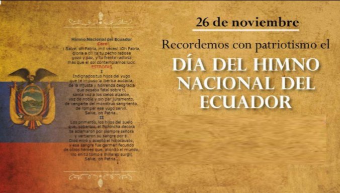 #UnDiaComoHoy 🎙📑🎶 , 26 de noviembre conmemoramos el Día del Himno Nacional de #Ecuador. Nuestro noble y glorioso símbolo patrio nació de la mente y talento del poeta Juan León Mera y el músico Antonio Neumane. #DíaDelHimnoNacional https://t.co/BUrOZONZNI