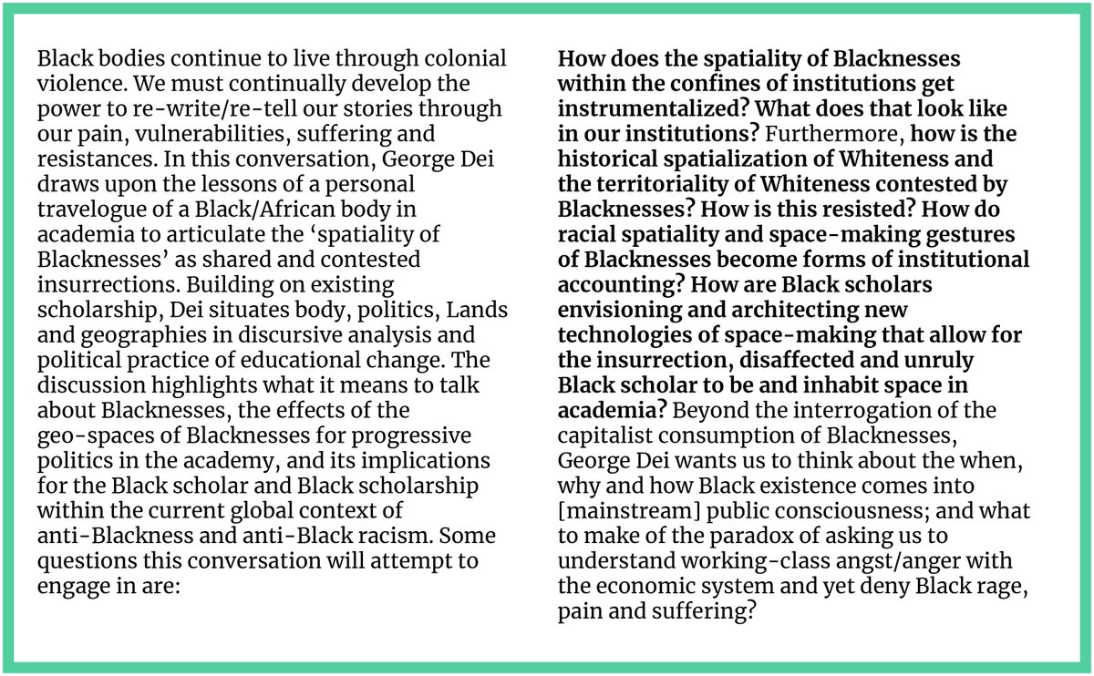 📢TOMORROW NIGHT!📢

'The Spatiality of Blacknesses in Academia', a conversation with CIARS Director, Dr. George J. Sefa Dei | Friday, November 27, 6 PM - 8 PM EST

Moderated by: Ahmed Ilmi &amp; <a href="/MsRukiya/">Rukiya Mohamed</a> 

Register &amp; submit questions here: us02web.zoom.us/webinar/regist…