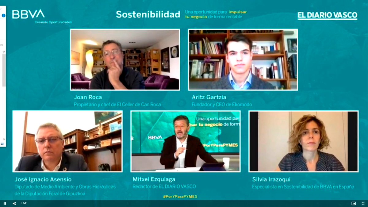 ¿Qué oportunidades genera implementar la sostenibilidad en tu empresa?

☝️Sobre esto hemos debatido esta mañana en el encuentro digital #PoryParaPymes organizado por <a href="/BBVA_espana/">BBVA en España</a>  y <a href="/diariovasco/">El Diario Vasco</a> 

Un gustazo compartir panel con nada + y nada - que #JoanRoca <a href="/asensioji/">José Ignacio Asensio</a> y Silvia...
