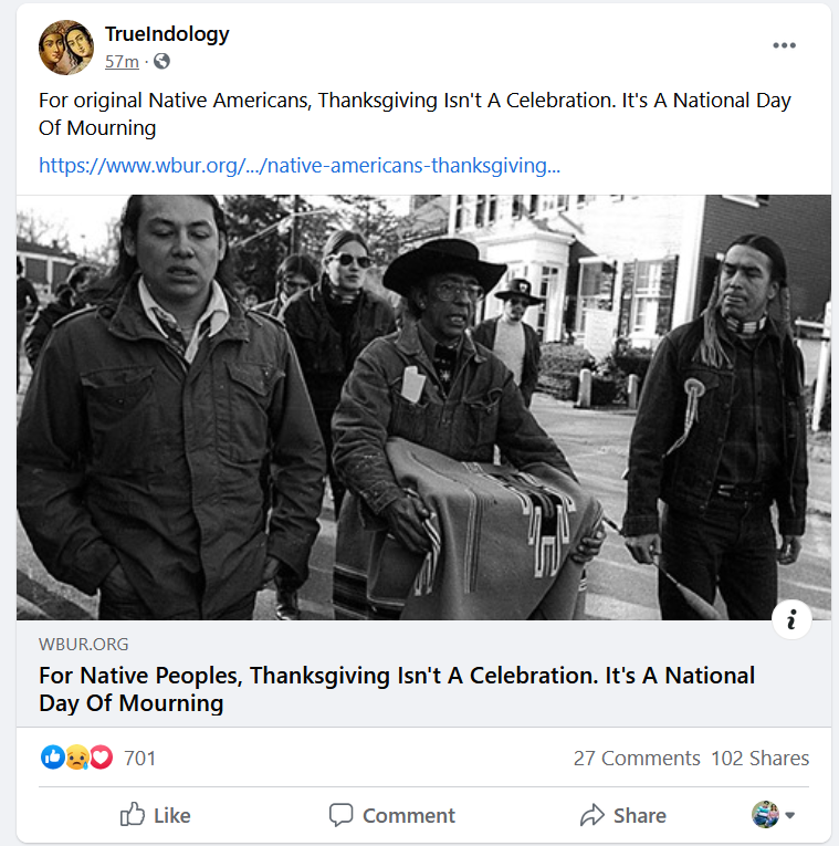 From the Facebook Wall of True Indology!

For Original Native American's Thanksgiving isn't a Celebration but a day of Mourning.

wbur.org/hereandnow/202…

#BringBackTrueIndology