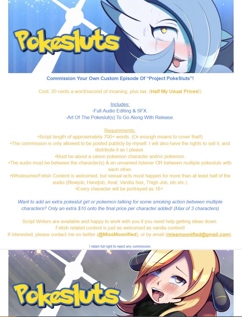 Art: <a href="/FreakyEd/">FreakyEd 𝗙𝗭</a> | Script: @RT_Smut | SFX: <a href="/LewdAudio/">Luca's Audio Hole</a> 

Want your own custom episode of project pokesluts? Check this document for how to commission me! 💋