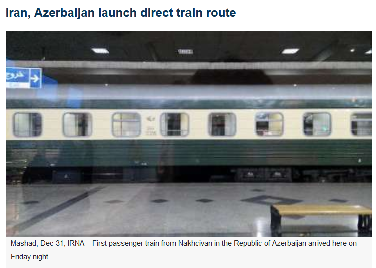 After a long break 4 years ago once again an international passenger train was launched between Nakhchivan and Mashhad  via Tabriz - Tehran....See  http://www.payvand.com/news/16/dec/1175.htmland  https://en.mehrnews.com/news/122381/First-Nakhchivan-train-enters-Mashhad and  https://en.irna.ir/news/82367803/Iran-Azerbaijan-launch-direct-train-route