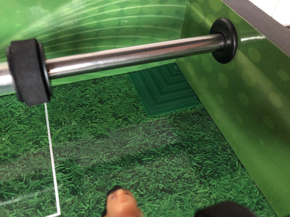 joshburker's tweet photo. My son’s #foosball table has dead corners, so I modeled these slopes in @tinkercad and #3DPrinted them in green ABS on @makerbot Replicator. Affixed with double-sided tape. GOOOAAALLLLLL! #makerDad https://t.co/R0MrIOrwIa