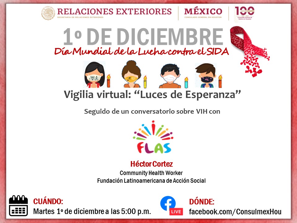 ConsulMexHou's tweet photo. 38 millones de personas en el mundo son portadoras del VIH. En EUA  30% pertenecen a la comunidad hispana

Acompáñanos a conmemorar el Día Mundial de la Lucha contra el SIDA y a recordar a quienes perdieron la batalla 

@IME_SRE  @FLASInc #VdS #16DiasDeActivismo #AgainstAIDS https://t.co/dShorrKtTH