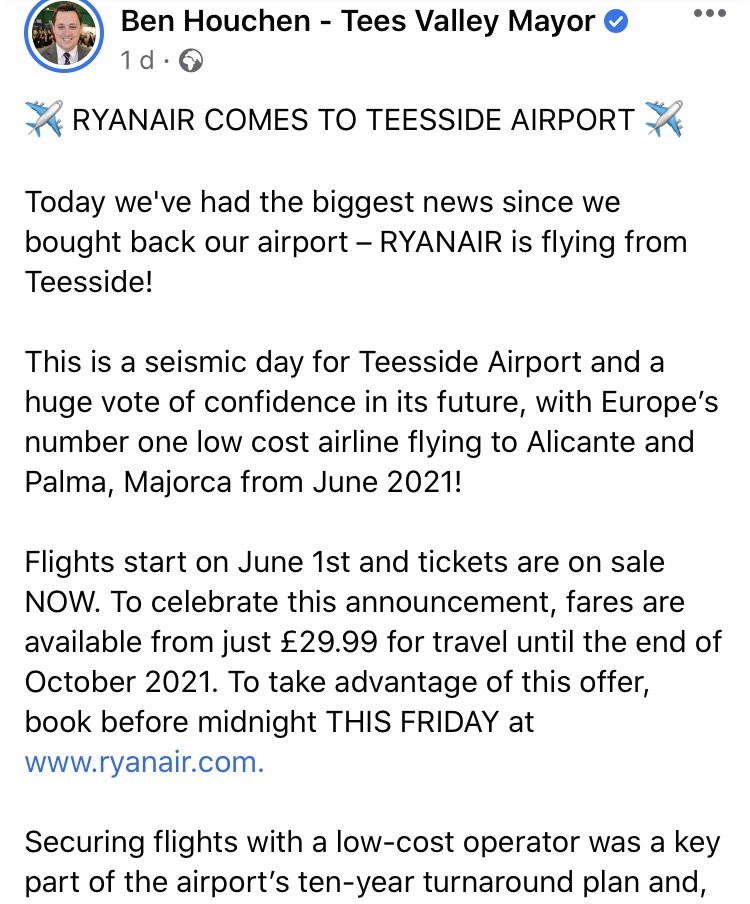 Except he didn’t say that yesterday. He said that on 29 October, talking about the return of TUI.Clearly he’d forgotten that he’d already attracted a low cost carrier (LCC) to Teesside when he made an almost identical statement about the arrival of Ryanair yesterday.