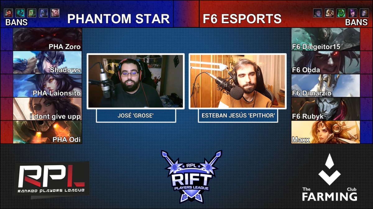 ¡Nos vamos al segundo game! <a href="/PhantomStarGG/">Phantom Star Gaming</a> se pone a un game de llevarse esta #RiftPrimera y <a href="/EsportsF6/">F6 Esports</a> buscará el empate, ¡vamos allá!

twitch.tv/rpleague
twitch.tv/rpleague