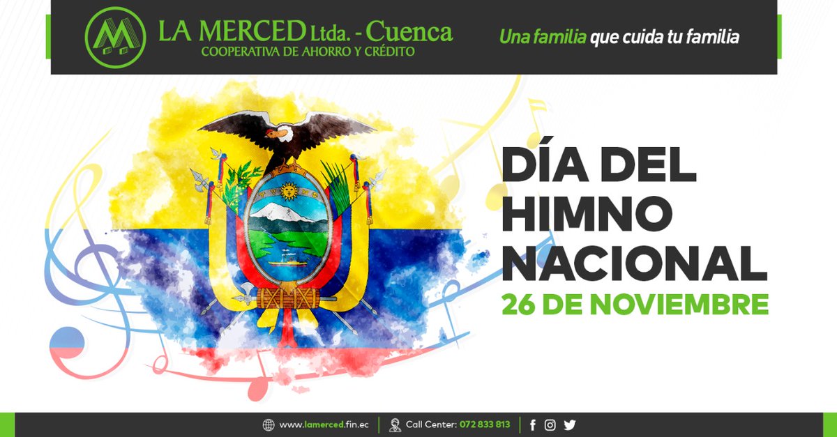 Hoy 26 de noviembre se celebra el día del #HimnoNacional de la República del Ecuador.
La letra fue creada por el reconocido poeta Juan León Mera Martínez de origen ambateño y el músico compositor francés Antonio Neumane el 14 de noviembre de 1865. https://t.co/soNPmXrCvi