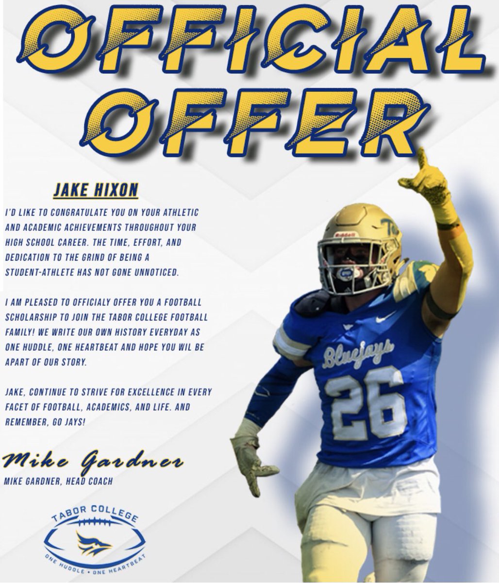 jakehixon85's tweet photo. Blessed to recieve my first offer from Tabor College! #GoBlueJays @CoachZReed https://t.co/08lLWUWiJ2