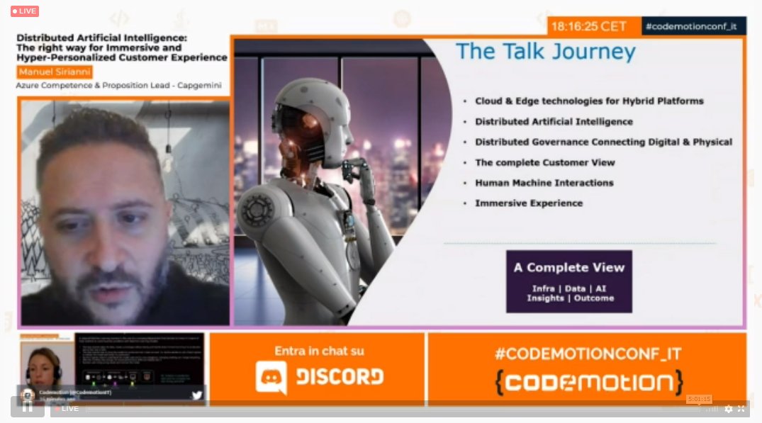 CodemotionIT's tweet photo. Customer experience e #AI con Manuel Sirianni di @CapgeminiItalia: ascoltiamo il suo talk "Cloud&Edge Distributed Artificial Intelligence: The right way for Immersive and Hyper-Personalized Customer Experience" ora in track 1 #CodemotionConf_IT https://t.co/chzc25tfUT