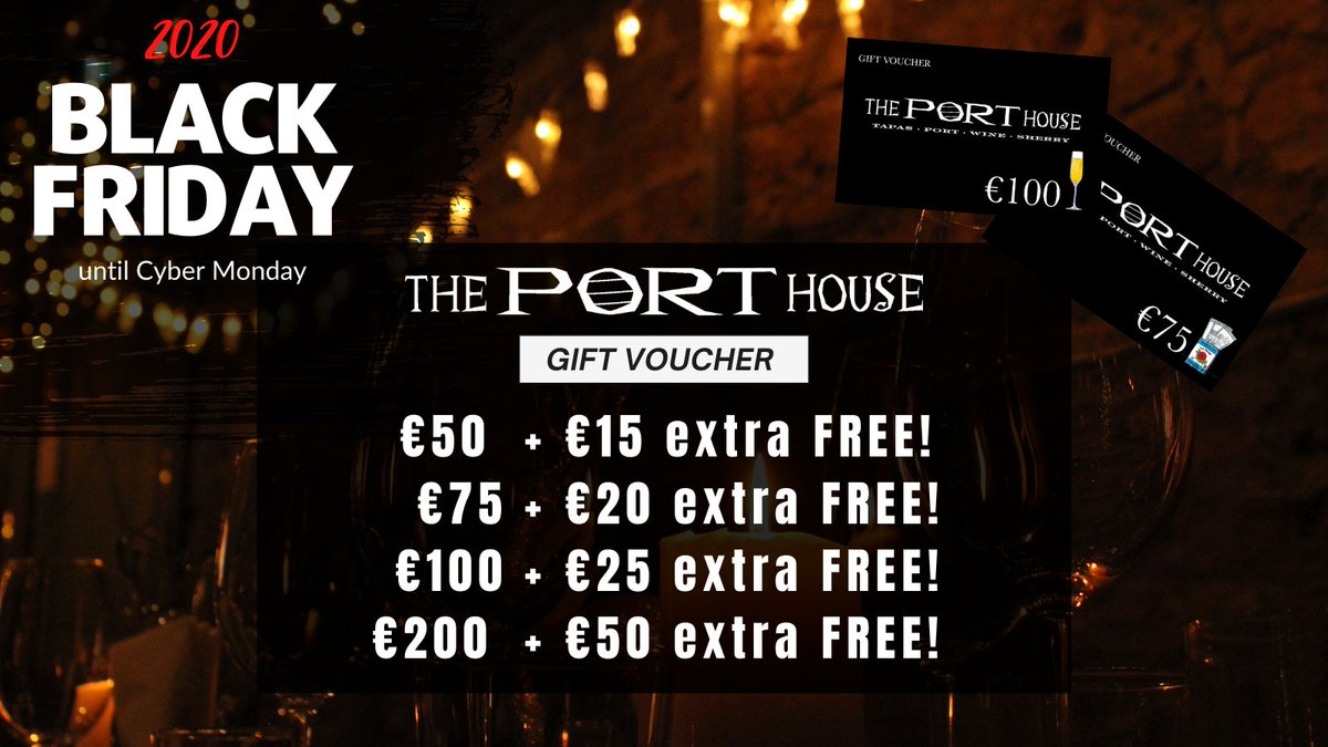 PHIbericos's tweet photo. 🖤 To celebrate black Friday 2020, from tomorrow until Cyber Monday, we are giving you more when you purchase a Port House gift voucher online!🖤 

See our website for more details https://t.co/oCQM2NGZB9

#dundrum #blackfriday #dublin https://t.co/GsxKM8QZ3B
