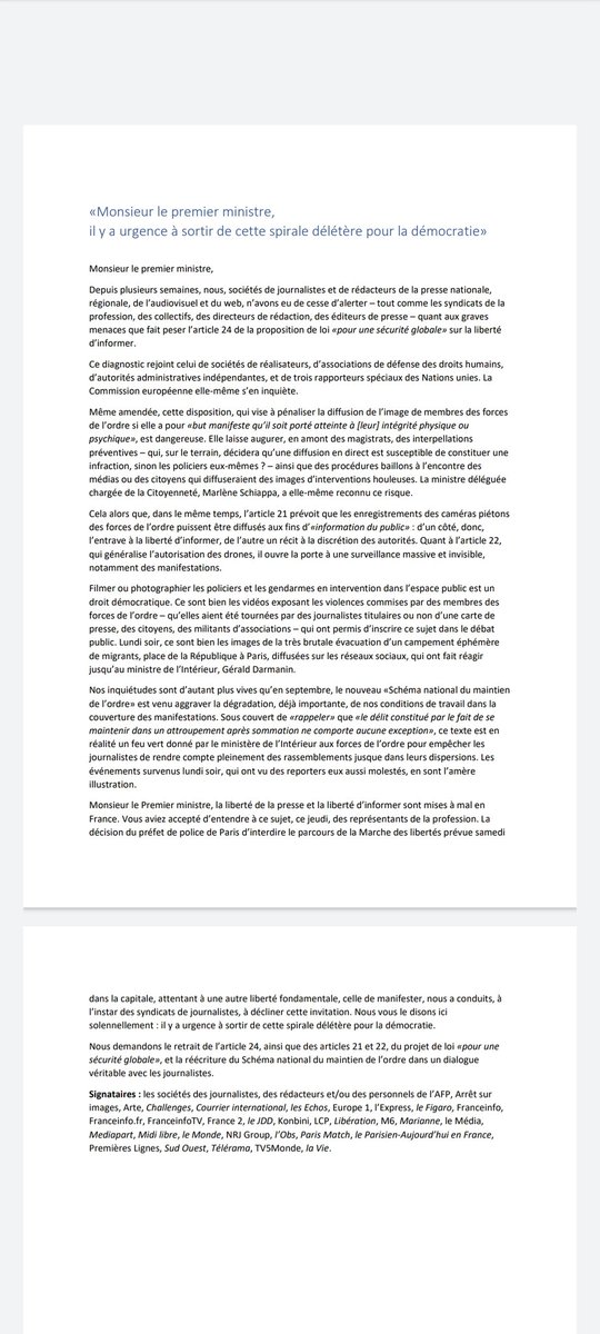 SDJ France Inter (@sdjfranceinter) on Twitter photo "Monsieur le premier ministre, il y a urgence à sortir de cette spirale délétère pour la démocratie" lettre ouverte des SDJ, #PPLSecuriteGlobale #Article24 #MarcheDesLibertes "Monsieur le premier ministre, il y a urgence à sortir de cette spirale délétère pour la démocratie" lettre ouverte des SDJ, #PPLSecuriteGlobale #Article24 #MarcheDesLibertes