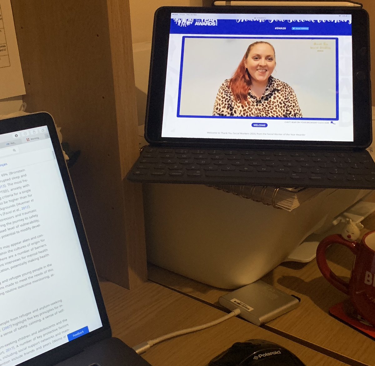 Cath_Nolan's tweet photo. When you’re multitasking watching the @socialworkaward and writing an assignment and your fellow MNSW’er @3mm4G pops up 🤩🙌 #SWA20 #socialwork #thankyou @EHU_FHSCM https://t.co/ThmQnFcWHJ