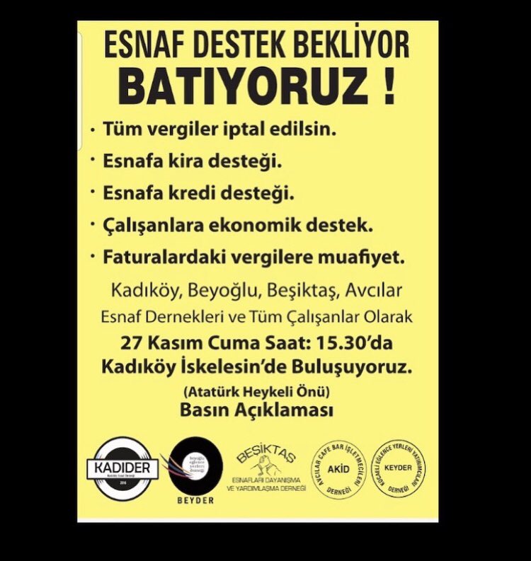 Yarın yapacağımız basın açıklamasına, tüm esnafı, bu sektörden doğrudan veya dolaylı etkilenen herkesi bekleriz
#esnafdestekbekliyor #EsnafaHayatVer #esnafadestekol #geçinemiyoruz #cafe #bar #eğlence #batıyoruz