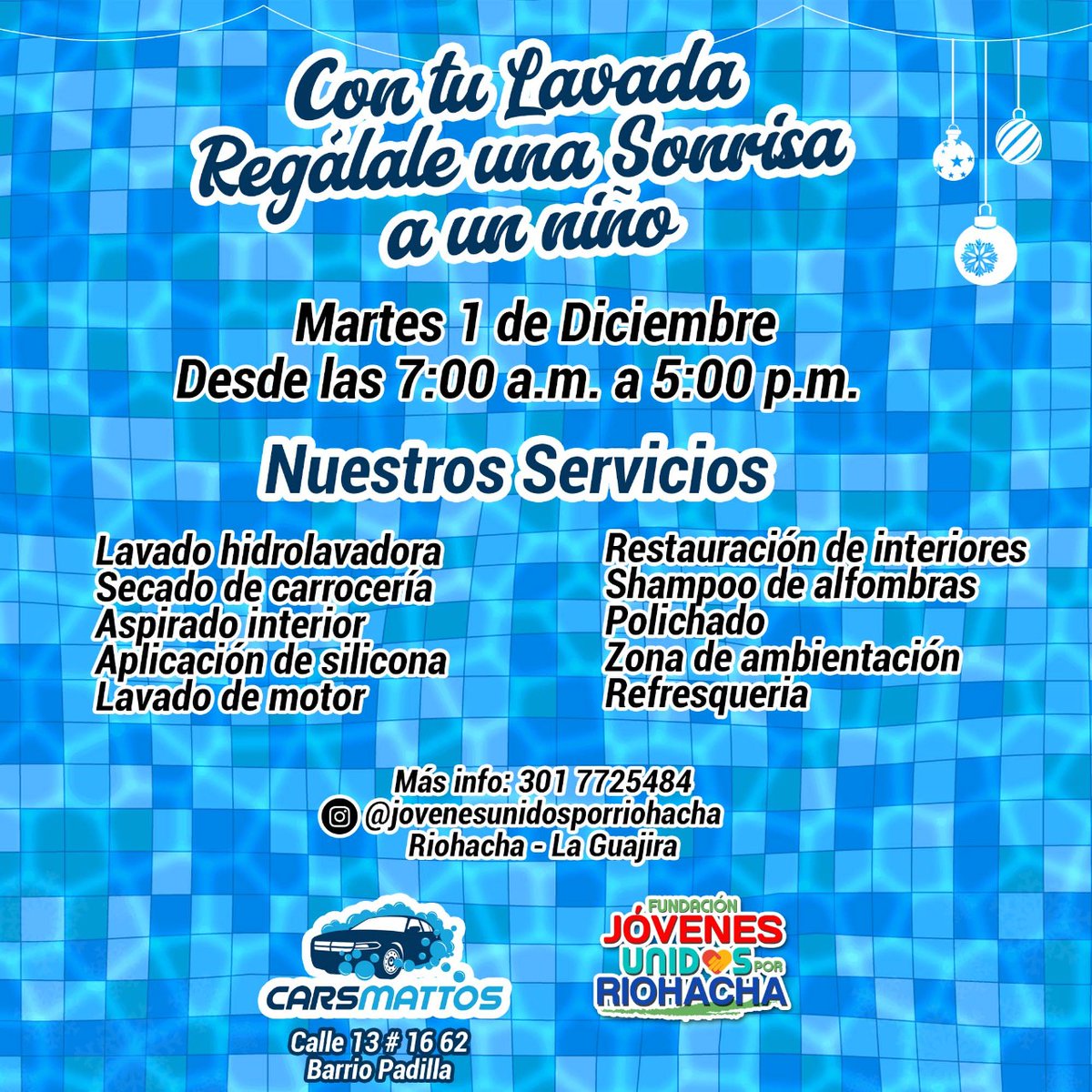 FunJovenesUnRio's tweet photo. 🎅🏻RIOHACHA #Súmate  Con tu lavada regálale una sonrisa a un niño(a)👧👶🎄❤

• Fecha: Martes 1 de diciembre
• Lugar: CarsMattos ( Calle 13 # 16 - 62 ) Barrio Padilla 
• Hora: 7:00 AM a 5:00 PM

🎅🏻Ayudanos a brindarle sonrisas a muchos niños(as) vulnerables de La Guajira ❤🌵🎄 https://t.co/4w3kmITTXc