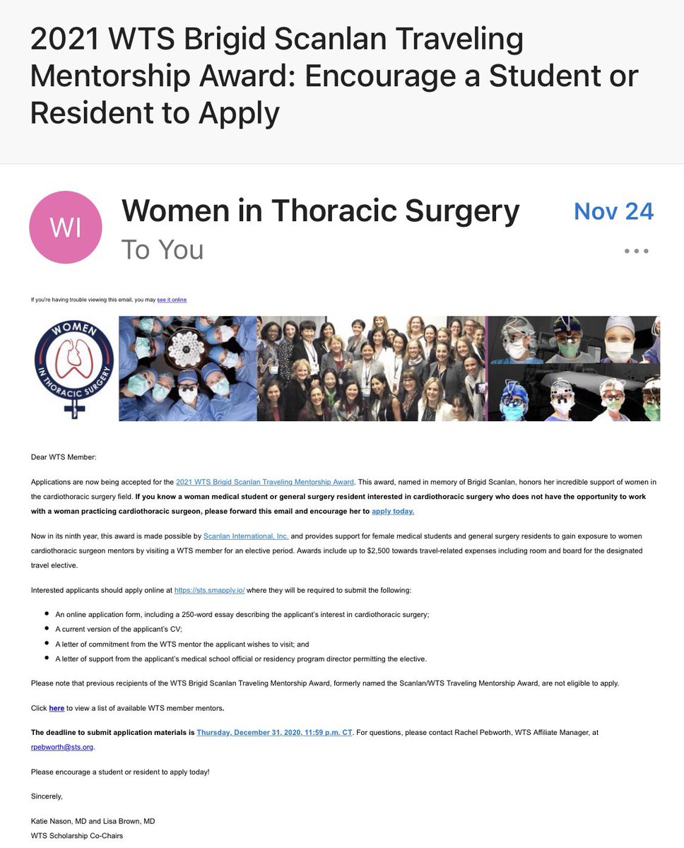 Accepting applications for the 2021 @WomenInThoracic Brigid Scanlan Traveling Mentorship Award! Open to medical students and GS residents, an opportunity to visit a WTS member 👩🏻‍⚕️😷@LCKaneMD @Daniela_Molena @leahbackhusmd @ShandaBlackmon @maraantonoff @KatieSNason1