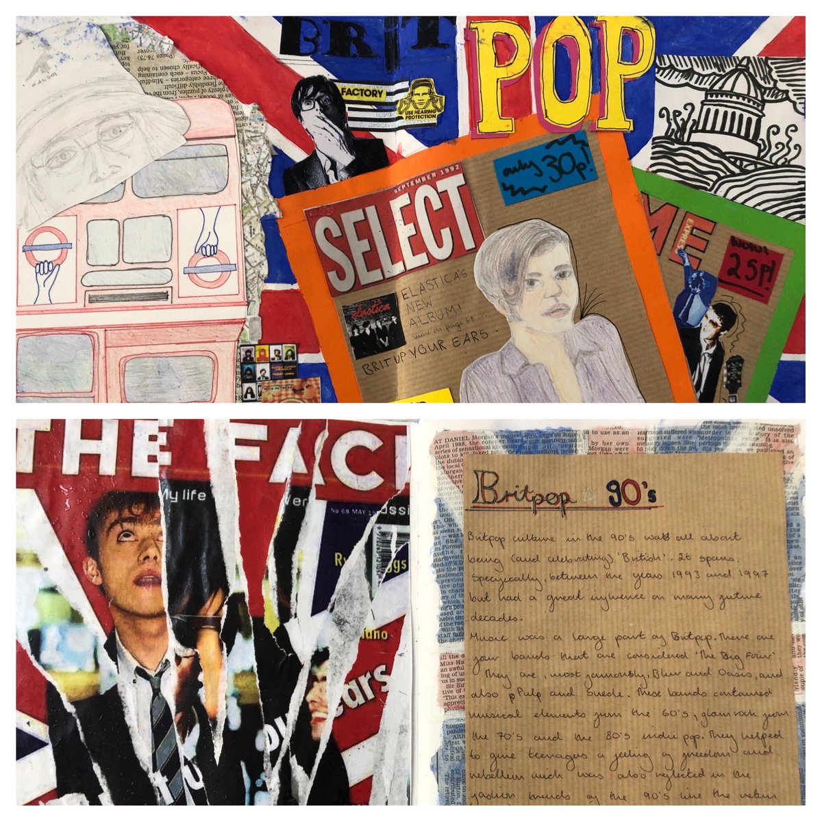 UHHSarts's tweet photo. We need to celebrate Rubie’s BritPop sketchbook.  Making a sketchbook and showing the journey of a project is a skill in itself and here are 6 double pages all beautifully constructed. Excellence all the way. #sketchbook #gcseart #britpop #blur #oasis #90s #upholland #westlancs https://t.co/dDygxskU2S