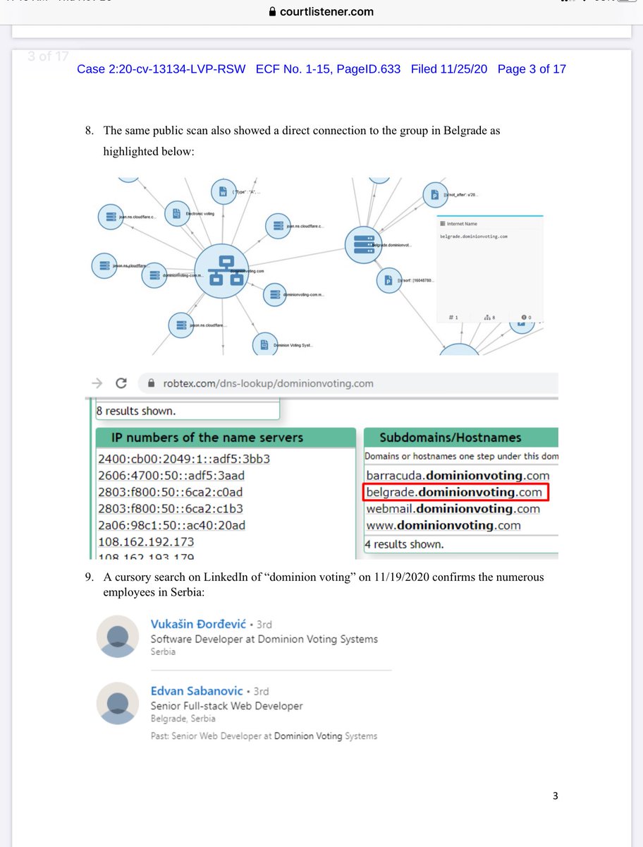 Michigan Filing: Exhibit 105Countries/Groups Involved in US Election 2020 Access/ManipulationBelgrade, SerbiaIran (address tied to Netherlands server)ChinaCanadaHSBC Bank CanadaBMA Capital ManagementDVSCORP (Chinese Domain)Indivisible (formerly ACORN) @SidneyPowell1