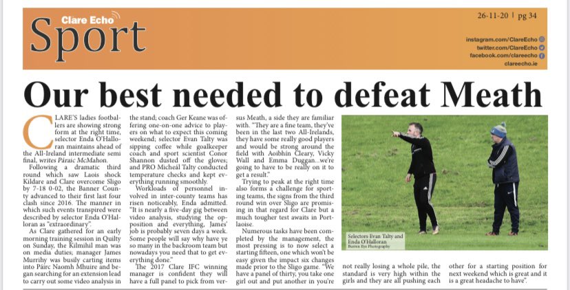 Fantastic coverage given to @Clarelgfa once again in @ClareEcho this week 🙌🏻

Thanks to @thepmanofficial and all the team for all they have done to help promote @LadiesFootball and support the @20x20_ie campaign 👏

#CantSeeCantBe #ThinkItAskIt #20x20 #ProperFan