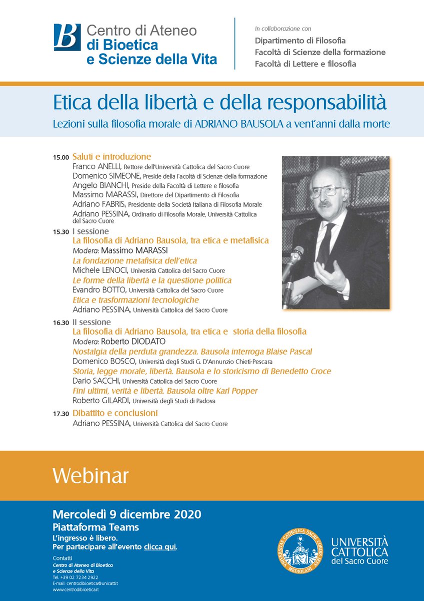 SifmMorale's tweet photo. Martedì 9 dicembre, Convegno Etica della libertà e della responsabilità. Lezioni sulla filosofia morale di  Adriano Bausola a vent'anni dalla morte https://t.co/pFh97iazl4