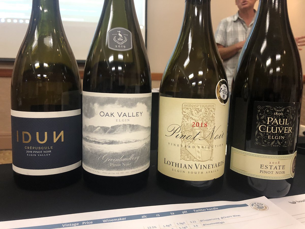 Flight 4 - #pinotnoir. Now we are having a proper shootout here. My favorite red. Not to heavy and not too light. Left to right. Idun, @oakvalleywines, @LothianVineyard  and @PaulCluverWines. @ExperienceElgin #experienceelgin